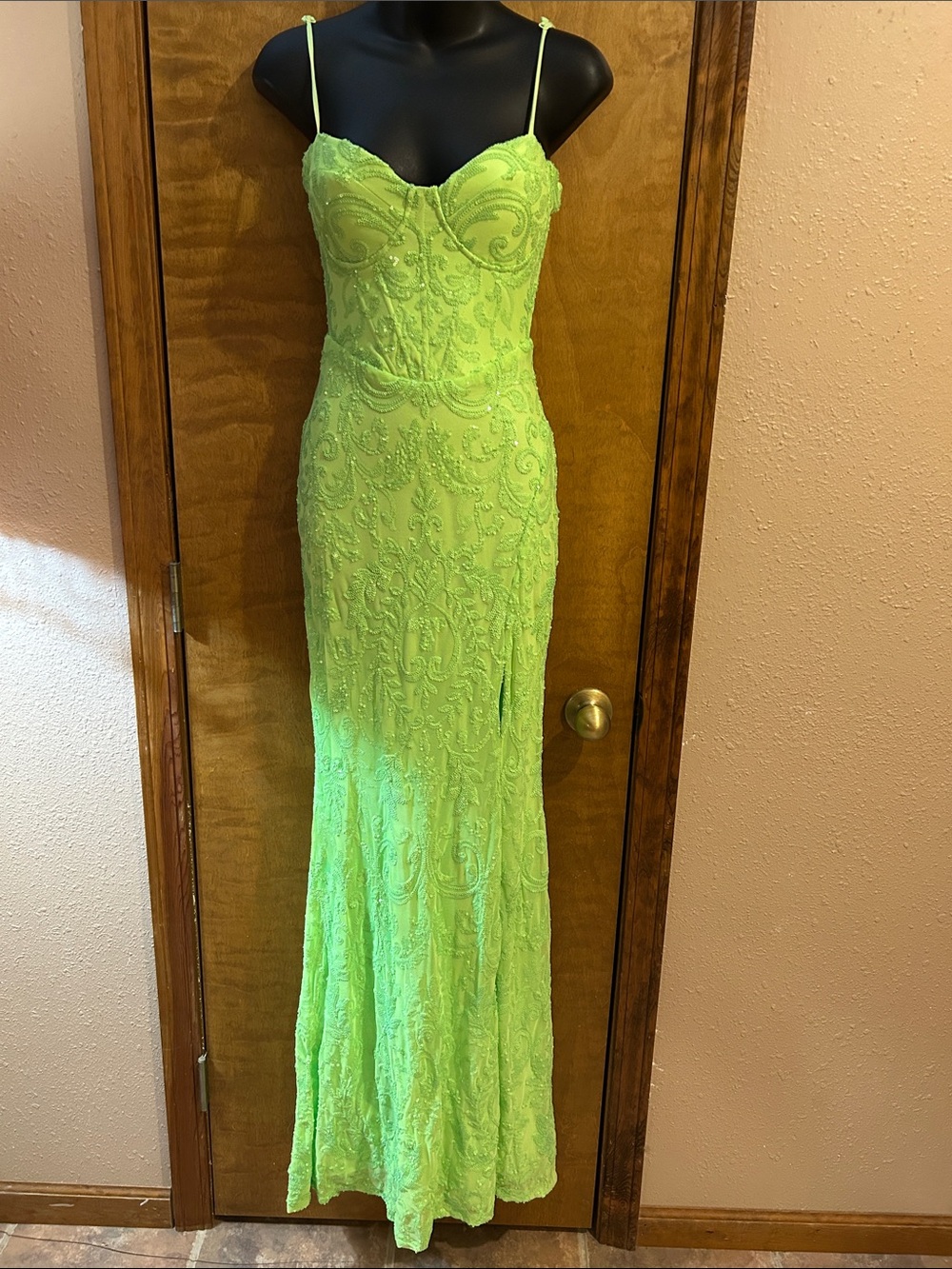 Windsor Neon Lime Beaded Spaghetti-Strap Prom Dress